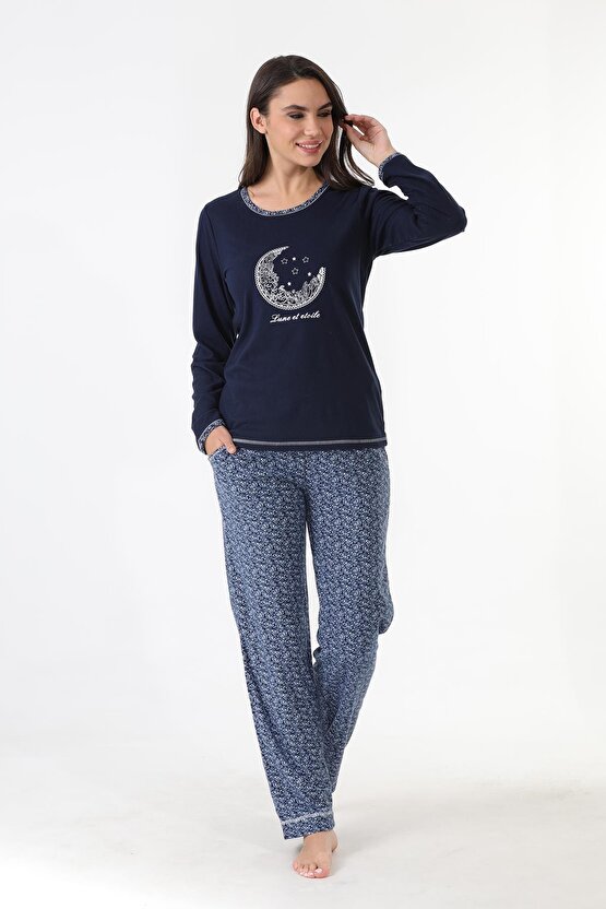 Kadın Lacivert Yumuşak Kumaş Pijama Takımı 98142