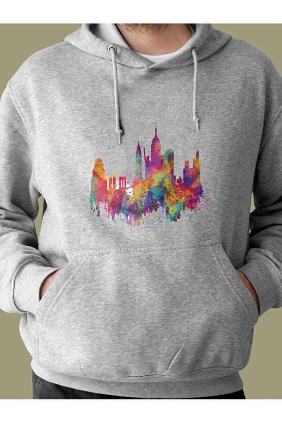 Renkli New York Illustration Baskılı 3 Iplik Kalın Sweatshirt Hoodie