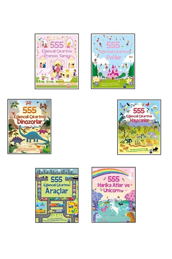 555 Eğlenceli Çıkartma 6lı Set ( Hayvanlar-prensses Sarayı-periler-dinozorlar-unicornlar-araçlar)