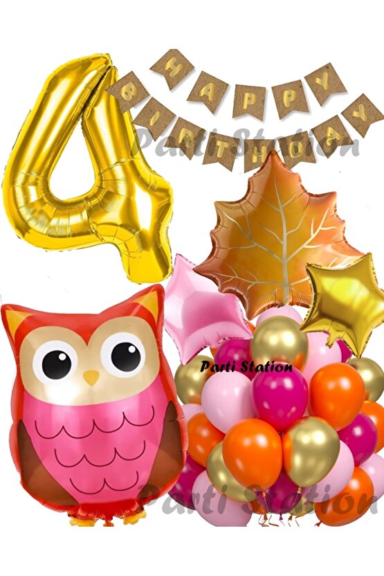 Orman Woodland Baykuş Konsept Doğum Günü 4 Yaş Balon Set Baykuş Tema Folyo Balon Set