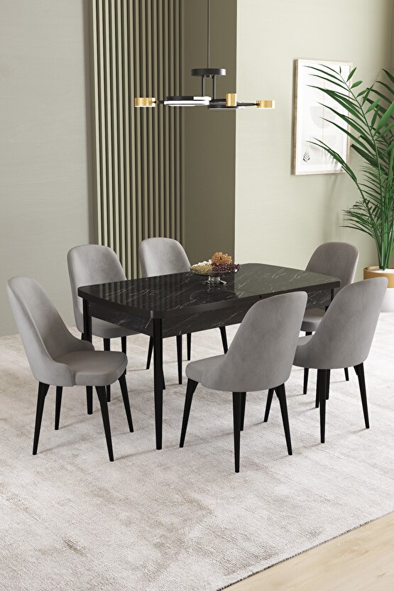 Ikon Siyah Mermer Desen 80x132 Mdf Açılabilir Yemek Masası Takımı 6 Adet Sandalye