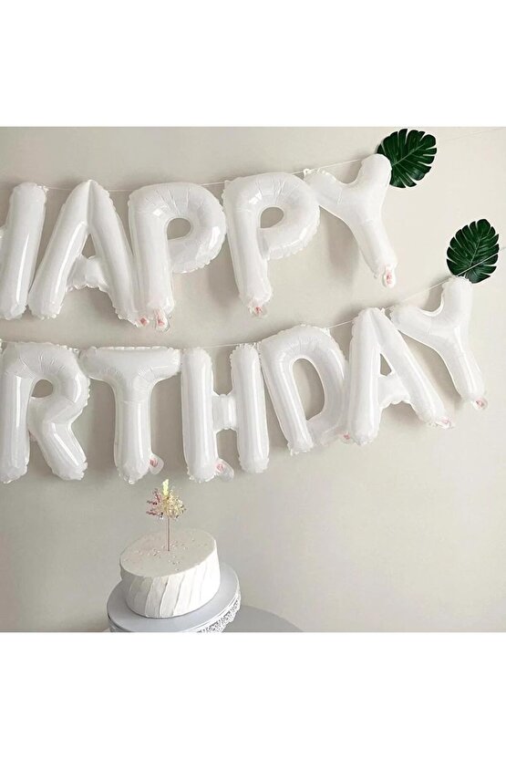 Beyaz Renk Happy Birthday Folyo Balon Set 36 cm 1 Adet Doğum Günü Parti Balon Set