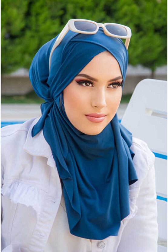 Lacivert Çapraz Bantlı Medium Size Hijab - Hazır Şal