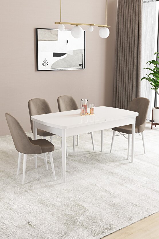 Ella Beyaz 80x132 Mdf Açılabilir Mutfak Masası Takımı 4 Adet Sandalye