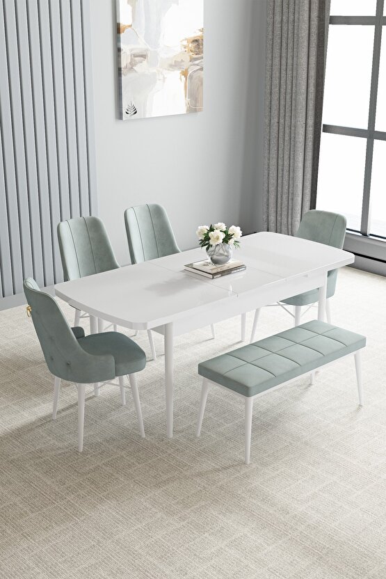 Beyaz 80x132 Açılabilir Mutfak Masası Takımı 4 Sandalye, 1 Bench