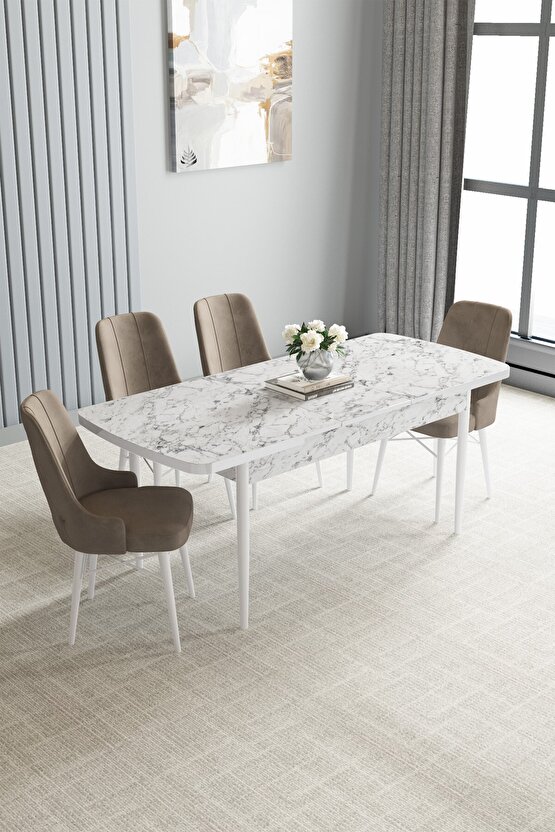 Beyaz Mermer Desen 80x132 Açılabilir Mutfak Masası Takımı 4 Adet Sandalye