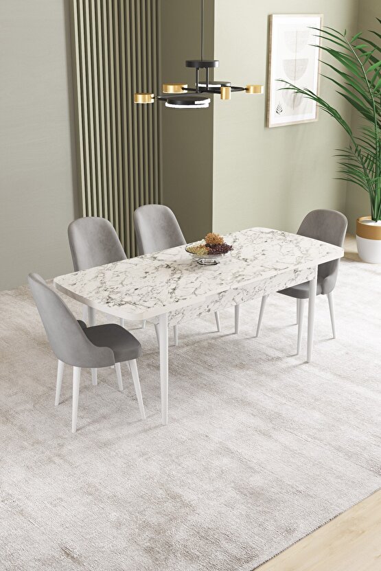 Ikon Beyaz Mermer Desen 80x132 Mdf Açılabilir Mutfak Masası Takımı 4 Adet Sandalye
