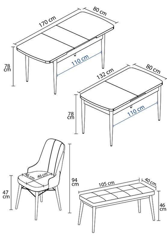 Jusie Siyah Mermer Desen 80x132 Açılabilir Mutfak Masası Takımı 4 Sandalye, 1 Bench