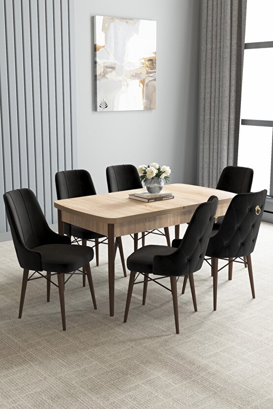 Loft Meşe Desen 80x132 Mdf Açılabilir Mutfak Masası Takımı 6 Adet Sandalye
