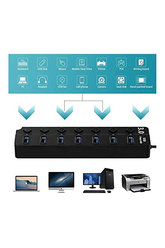 7 Port Usb 3.0 Çoklayıcı Hub 30cm Kablo 5gbps On Of Tuşlu Işıklı 7ports Usbhub