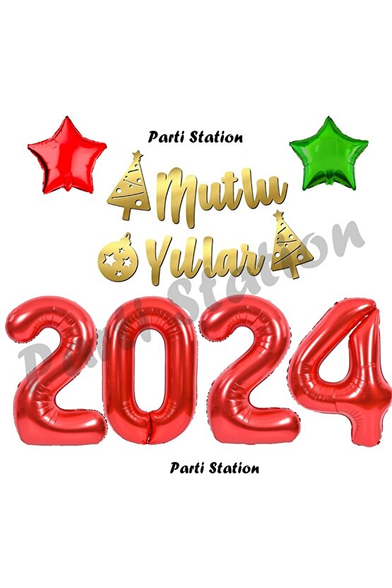 Yılbaşı 2024 Kırmızı Renk Rakam Balon Seti 100 cm Yılbaşı Mutlu Yıllar Banner Balon Seti