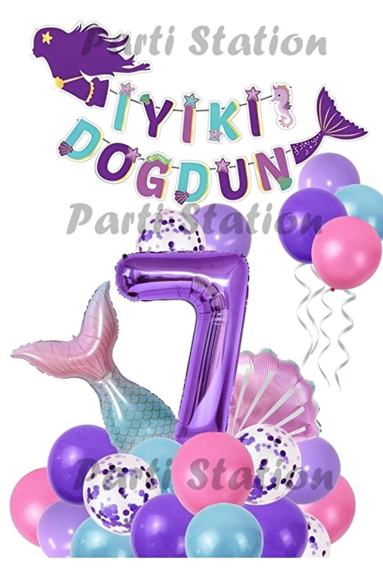 Mor Rakam Balon Deniz Kızı Konsept Parti 7 Yaş Balon Set Mermaid Doğum Günü Balon Set Deniz Kızı