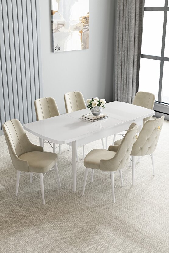 Loft Beyaz 80x132 Mdf Açılabilir Mutfak Masası Takımı 6 Adet Sandalye