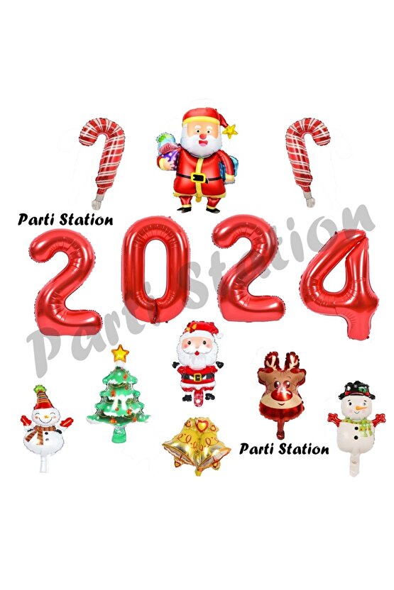 Yılbaşı 2024 Kırmızı Rakam Balon Seti 36 cm Noel Baba Kardan Adam Yılbaşı Ağacı 13 Parça Balon Set