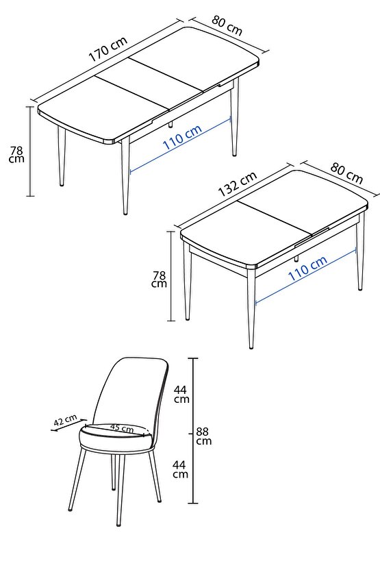 Rita Siyah Mermer Desen 80x132 Sunta Açılabilir Mutfak Masası Takımı 4 Adet Sandalye
