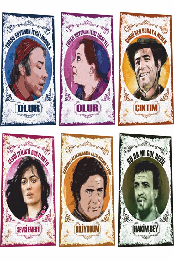 Yeşilçam Türk Sineması Portreler Ve Replikleri Serisi -3- 6lı Mini Retro Ahşap Poster Seti