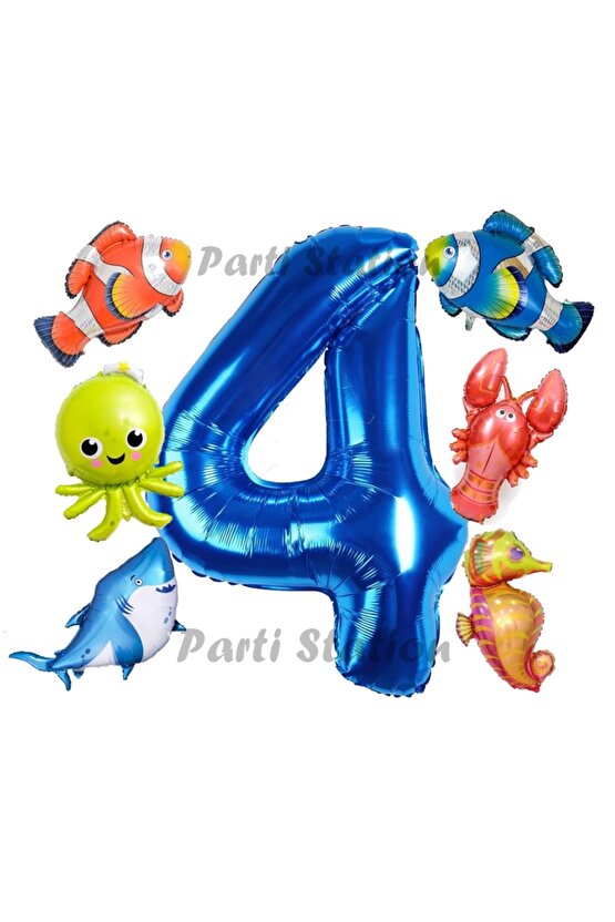 Okyanus Hayvanları 4 Yaş Doğum Günü Balon Set Deniz Canlıları Köpek Balığı Ahtapot Kırmızı Balık Set