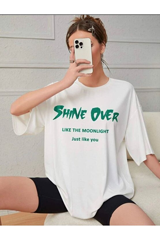 Kadın Oversize Shine Over Baskılı Beyaz Tshirt