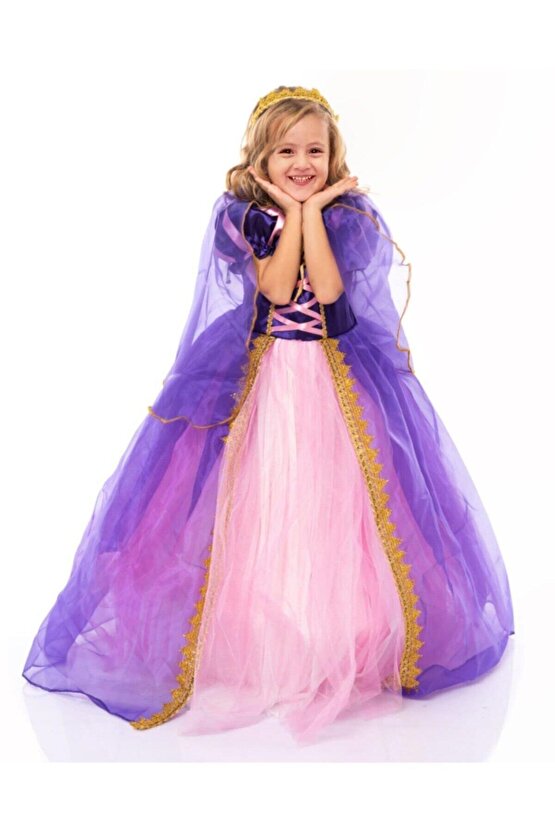 Rapunzel Kız Çocuk Elbise Taçlı Pelerinli Tarlatanlı Rapunzel Kostüm Disney Kostüm