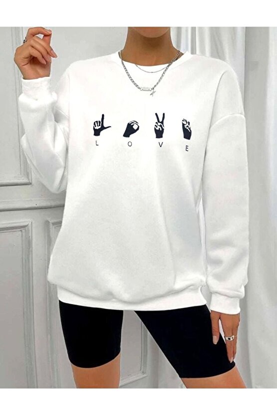 Oversize Siyah Love Baskılı Beyaz Sweatshirt