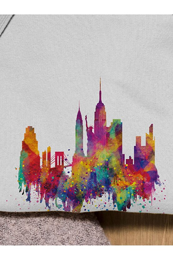 Renkli New York Illustration Baskılı 3 Iplik Kalın Sweatshirt Hoodie