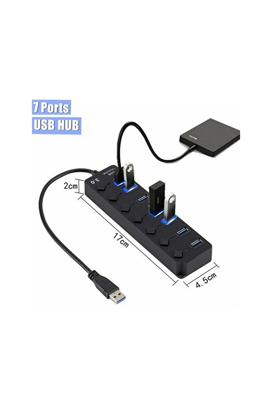 7 Port Usb 3.0 Çoklayıcı Hub 30cm Kablo 5gbps On Of Tuşlu Işıklı 7ports Usbhub