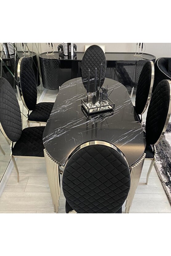 Lazer Kesim Sandalye Piyano Masa Ultra Lüx Yemek Masası Takımı Kaplama Paslanmaz Metal