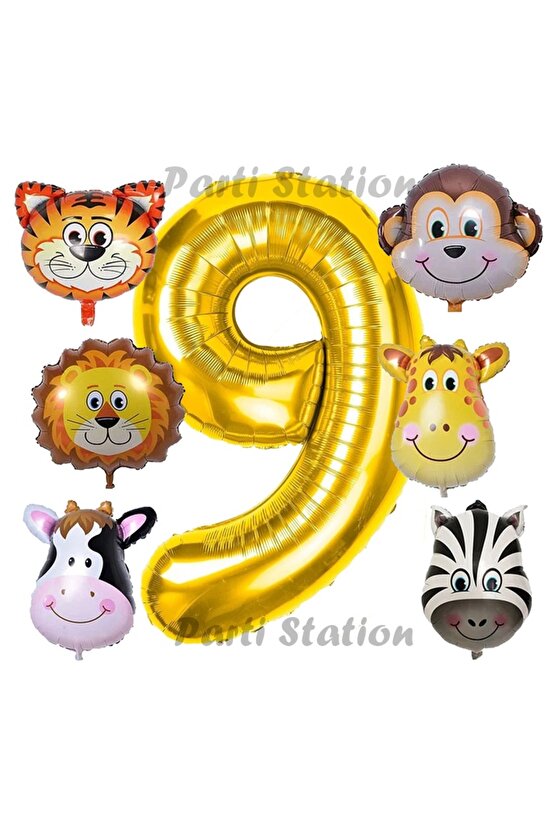 Altın Renk Rakam Balonlu Safari 9 Yaş Doğum Günü Parti Balon Set Safari Hayvanlar Tema Parti Set
