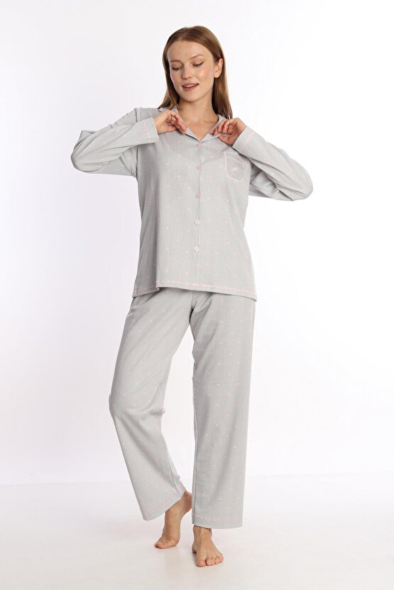 %100 Pamuk Uzun Kol Önden Düğmeli Kadın Pijama Takımı