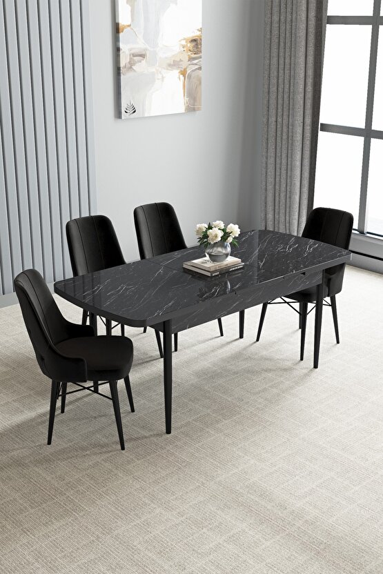 Jusie Siyah Mermer Desen 80x132 Açılabilir Mutfak Masası Takımı 4 Adet Sandalye