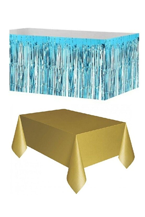 Mavi Metalize Masa Etegi + Plastik Gold Masa Örtüsü