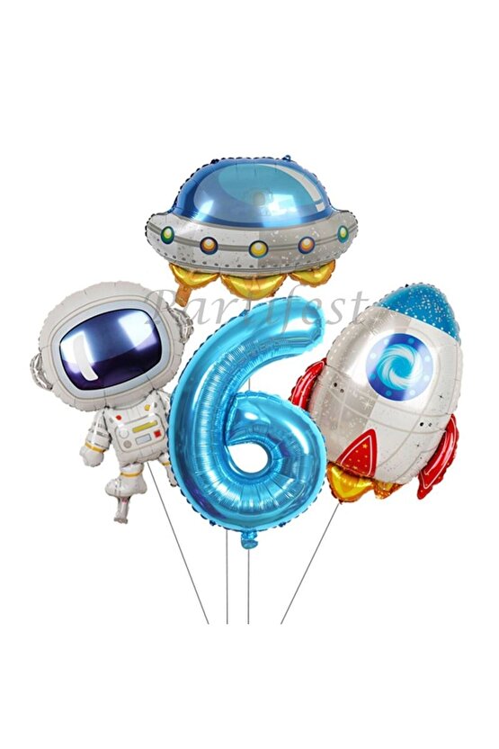 Uzay Kozmik Galaksi Astronot 6 Yaş Balon Set Yıldız Balon Folyo Set Konsept Doğum Günü Set