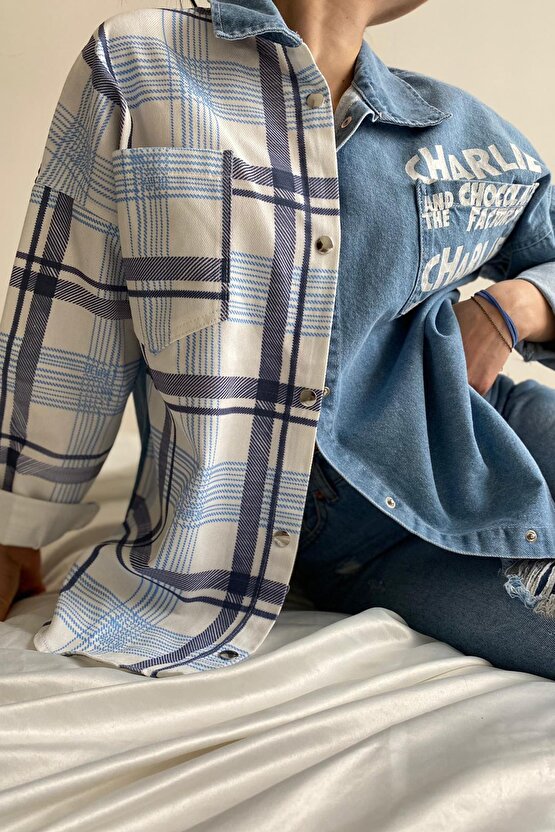 Kadın Ekoseli Dokuma Jeans Kot Ceket - Mavi