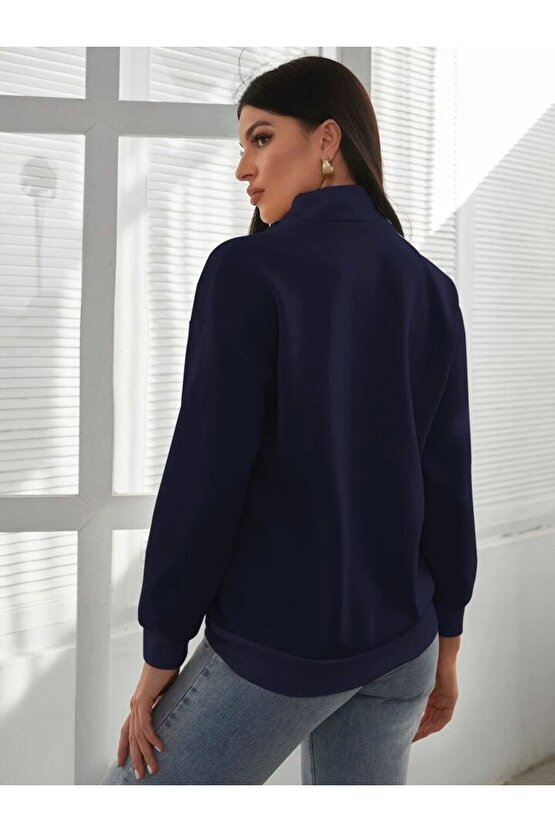 Kadın Lacivert Yarım Fermuarlı California Baskılı Dik Yaka Sweatshirt