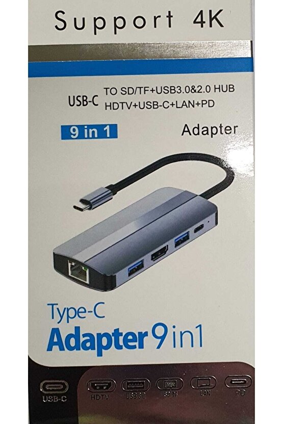 Type C Adaptör 9 In 1 Usb Hub Hdmi Lan Sd Tf Kart Usb Type C Macbook Çevirici