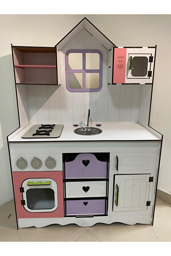 Özel Tasarım Büyük Boy Ahşap Oyuncak Mutfak - Pembe Lila Renk 120x80 Cm