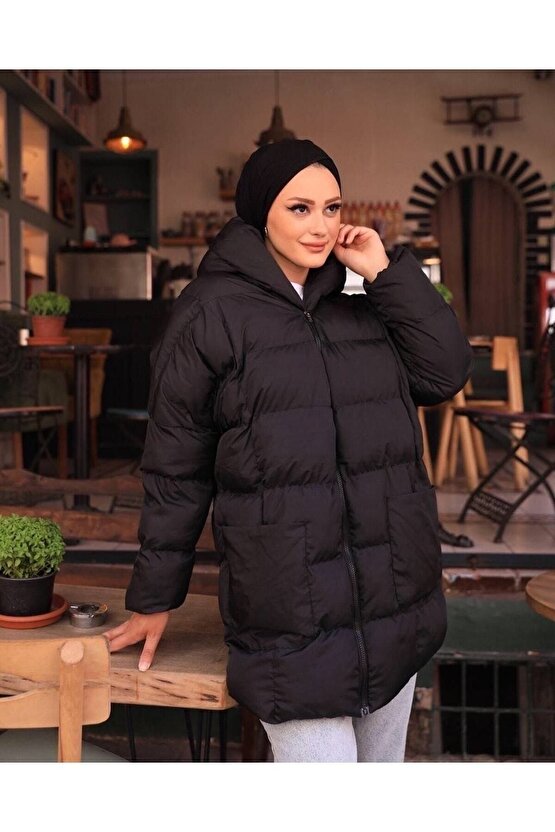 Kadın Siyah Şişme Oversize Mont