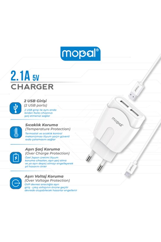 Mopal Çift Mikro Usb Çıkışlı Şarj Başlığı Ve Data Kablosu 5v 2,1a Şarj Aleti M07