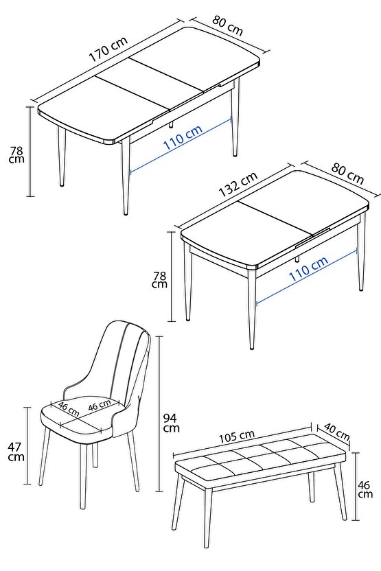 Mabel Beyaz Mermer Desen 80x132 Açılabilir Mutfak Masası Takımı 4 Sandalye, 1 Bench