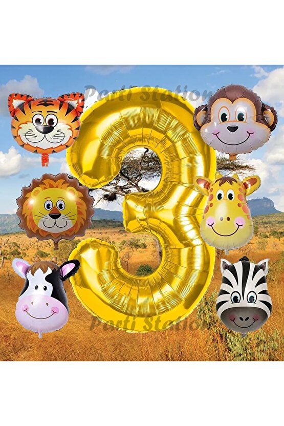 Altın Renk Rakam Balonlu Safari 3 Yaş Doğum Günü Parti Balon Set Safari Hayvanlar Tema Parti Set
