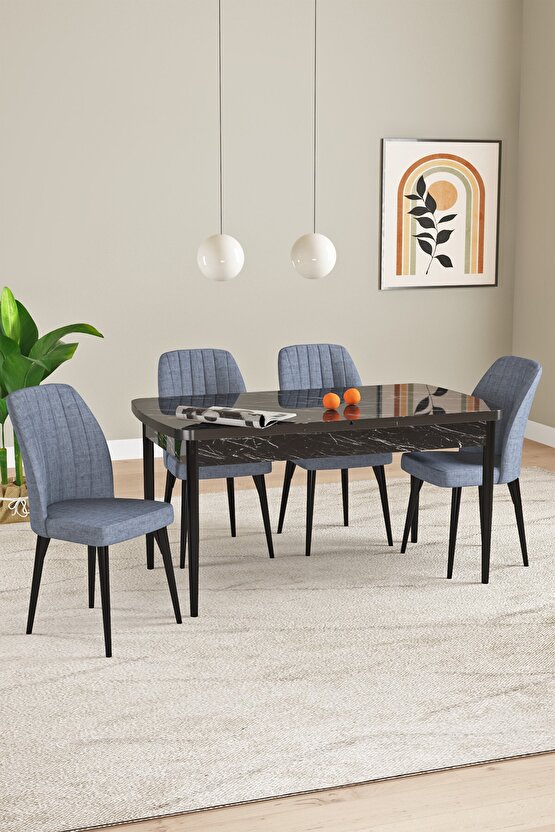 Elis Siyah Mermer Desen 80x132 Açılabilir Mutfak Masası Takımı 4 Adet Sandalye