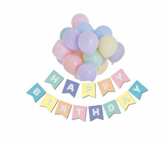 10 adet karışık macaron balon Happy bırthday hologram baskılı Happy bırthday banner yazı set