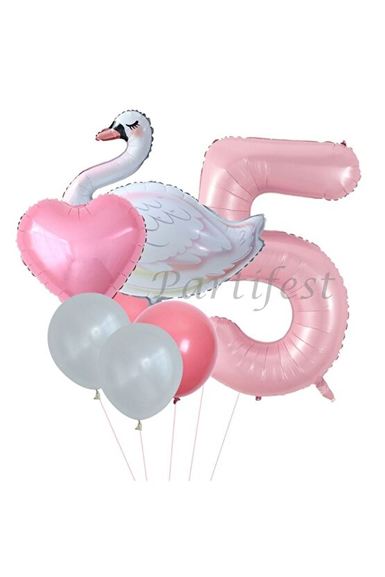 Kuğu 5 Yaş Balon Set Balon Folyo Set Konsept Kuğu Doğum Günü Set Yaş Balon