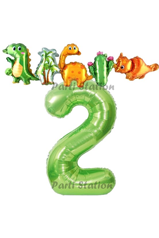 Yeşil Renk Rakam Balonlu Dinozor 2 Yaş Doğum Günü Parti Yapışık Balon Set Dinozor Tema Parti Set