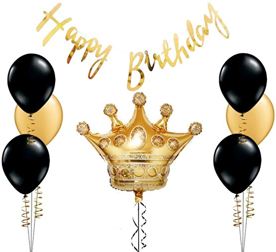 KRAL TACI FOLYO BALON  GOLD HAPPY BIRTHDAY KALİGRAFİ BANNER YAZI SET