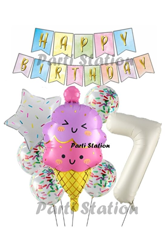İce Cream Dondurma Konsept Doğum Günü 7 Yaş Balon Set Yaz Tema Sevimli Dondurma Folyo Balon Set