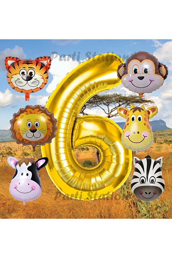 Altın Renk Rakam Balonlu Safari 6 Yaş Doğum Günü Parti Balon Set Safari Hayvanlar Tema Parti Set