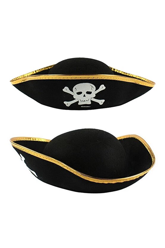 Altın Şeritli Siyah Renk Yayvan Korsan Şapkası Yetişkin 32x24 Cm