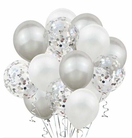 Metalik gümüş beyaz gümüş konfetili şeffaf balon 12 inç 15 adet