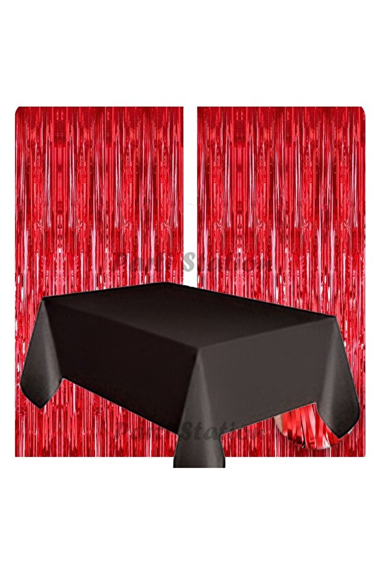 2 Adet Kırmızı Renk Metalize Arka Fon Perdesi ve 1 Adet Plastik Siyah Renk Masa Örtüsü Set